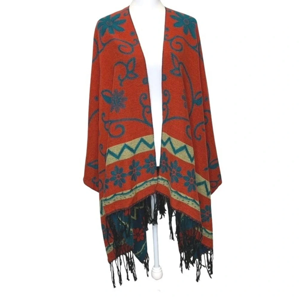 Womens Embroidered Shawl Wrap Poncho One Size Floral Reversible Fringe